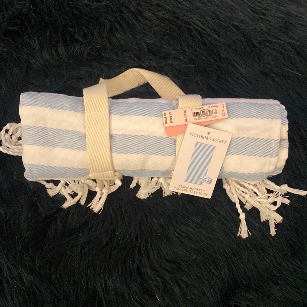 Victoria’s Secret blue and white stripped beach blanket, brand new